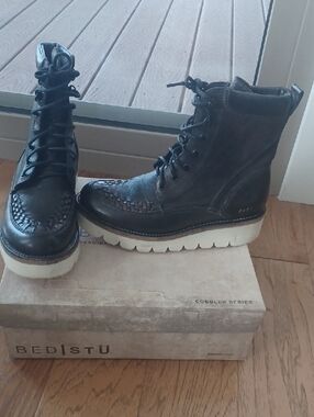 BED|STU Black Leather Woven Moc Toe Lace-Up Boots, ELISHA II,  Women, Size 8.5
